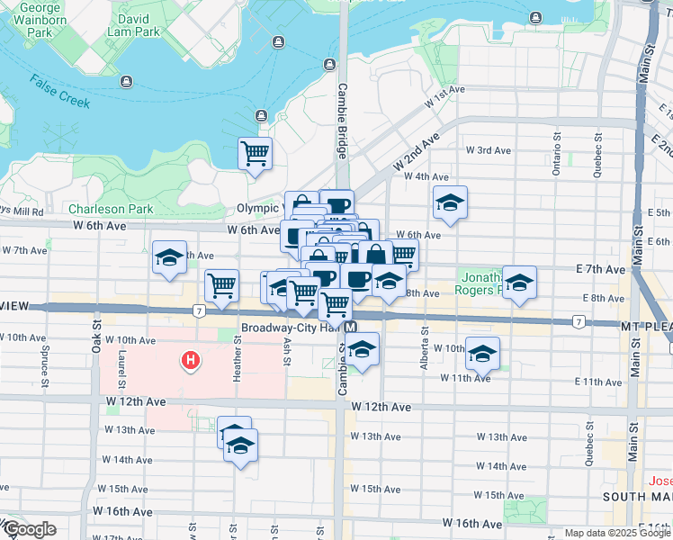 map of restaurants, bars, coffee shops, grocery stores, and more near 521 West 8th Avenue in Vancouver