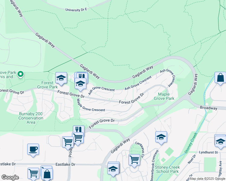 map of restaurants, bars, coffee shops, grocery stores, and more near 8838 Larkfield Drive in Burnaby