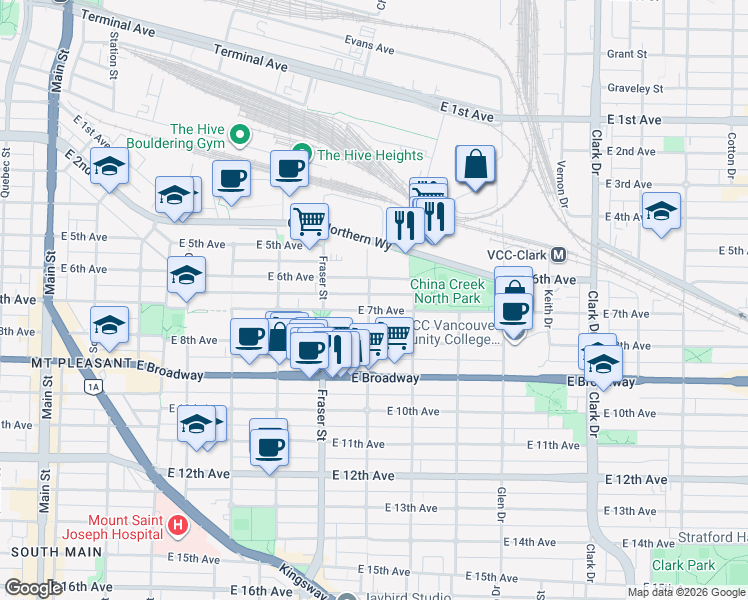 map of restaurants, bars, coffee shops, grocery stores, and more near 825 East 7th Avenue in Vancouver