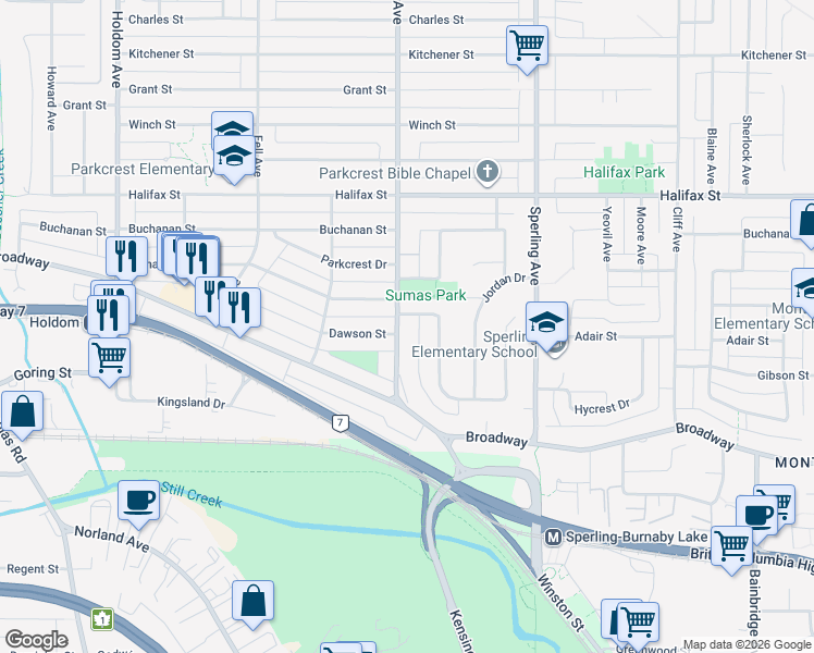map of restaurants, bars, coffee shops, grocery stores, and more near 2170 Kensington Avenue in Burnaby