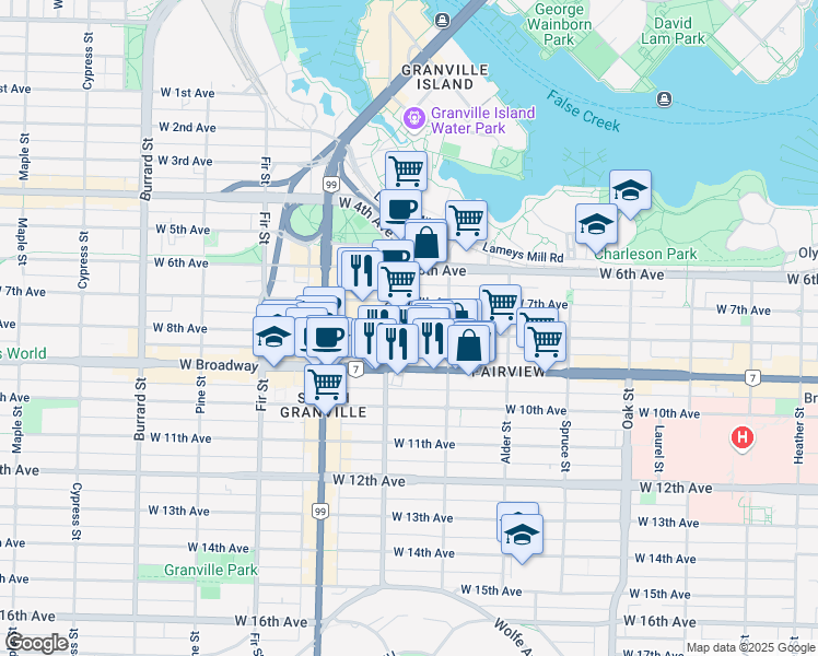 map of restaurants, bars, coffee shops, grocery stores, and more near 1369 West 8th Avenue in Vancouver