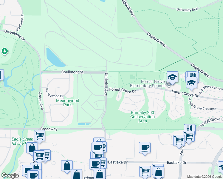 map of restaurants, bars, coffee shops, grocery stores, and more near 8122 Forest Grove Drive in Burnaby