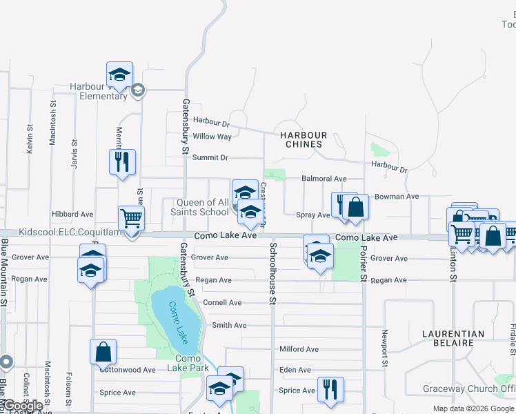 map of restaurants, bars, coffee shops, grocery stores, and more near 824 Crestwood Drive in Coquitlam