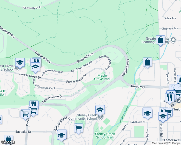 map of restaurants, bars, coffee shops, grocery stores, and more near 2000 Birch Grove Place in Burnaby