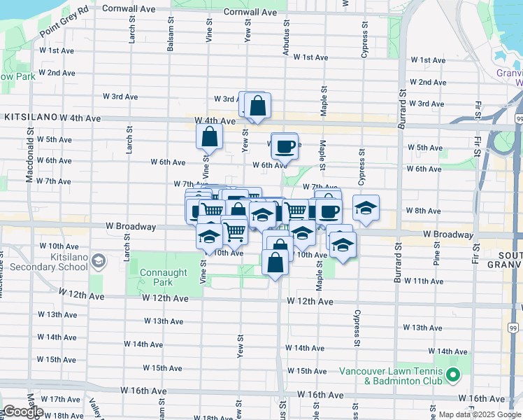 map of restaurants, bars, coffee shops, grocery stores, and more near 2168 West 8th Avenue in Vancouver