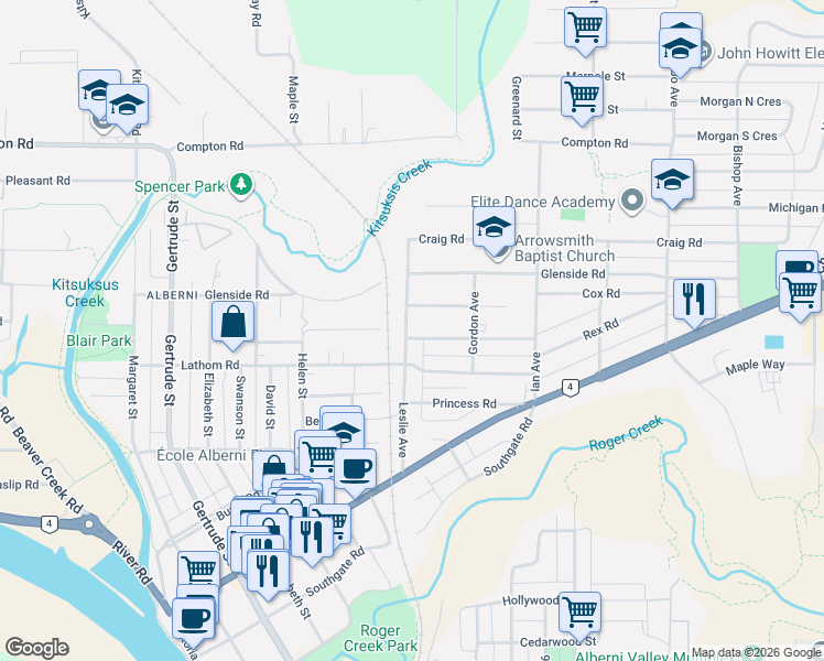 map of restaurants, bars, coffee shops, grocery stores, and more near 4925 Leslie Avenue in Port Alberni