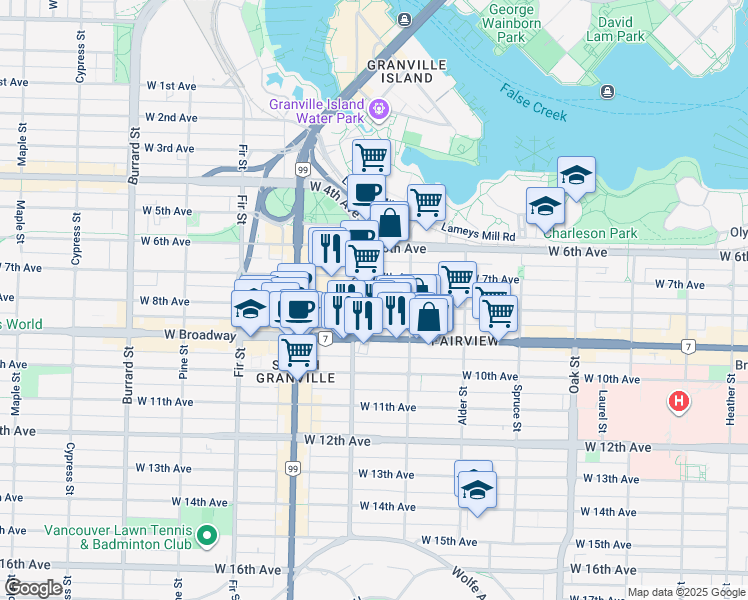 map of restaurants, bars, coffee shops, grocery stores, and more near 1365 West 8th Avenue in Vancouver