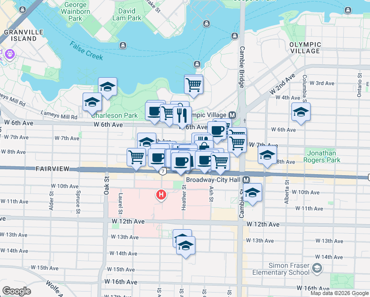 map of restaurants, bars, coffee shops, grocery stores, and more near 2348 Heather Street in Vancouver
