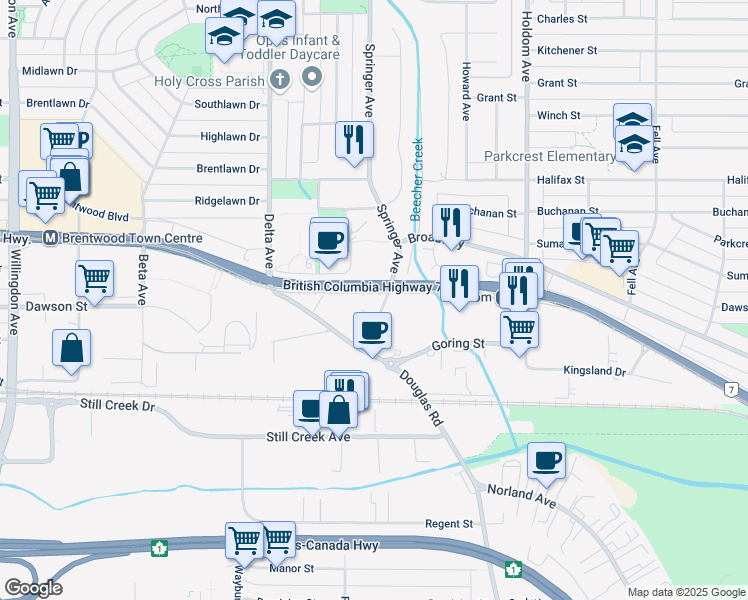 map of restaurants, bars, coffee shops, grocery stores, and more near 5180 Lougheed Highway in Burnaby