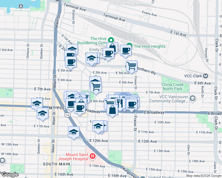 map of restaurants, bars, coffee shops, grocery stores, and more near 2276 Saint George Street in Vancouver