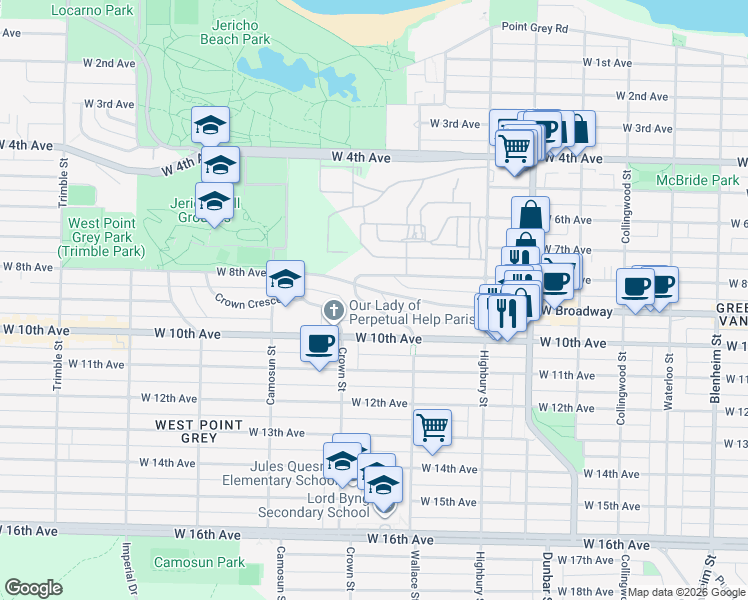map of restaurants, bars, coffee shops, grocery stores, and more near 2540 Wallace Crescent in Vancouver