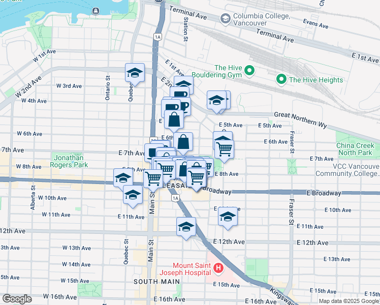 map of restaurants, bars, coffee shops, grocery stores, and more near 333 East 7th Avenue in Vancouver