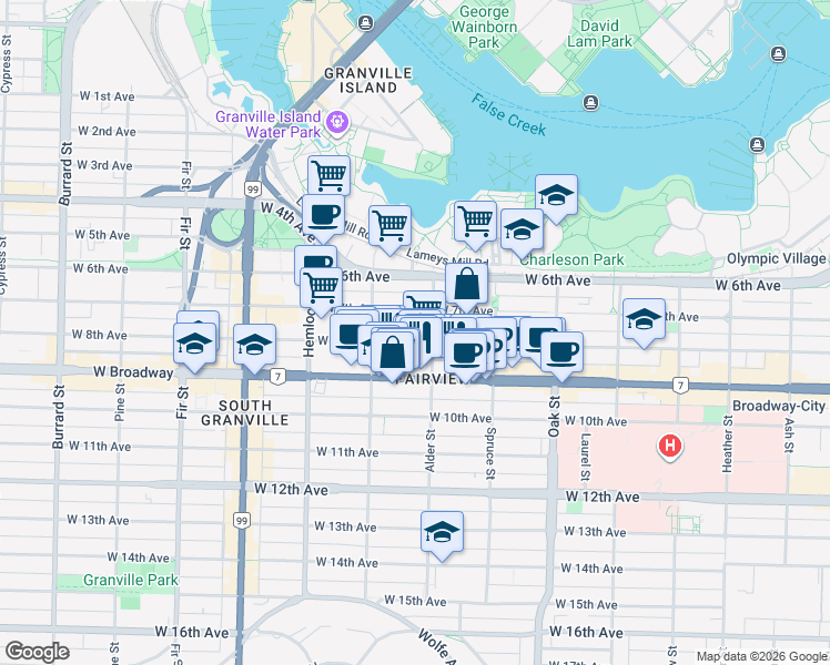map of restaurants, bars, coffee shops, grocery stores, and more near 1229 West 8th Avenue in Vancouver