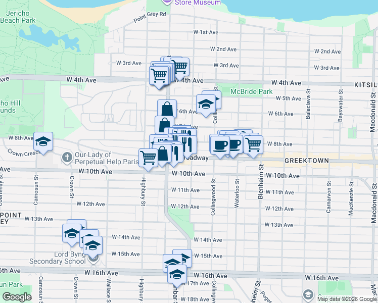 map of restaurants, bars, coffee shops, grocery stores, and more near 3607 West Broadway in Vancouver