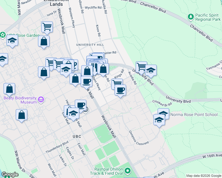 map of restaurants, bars, coffee shops, grocery stores, and more near 5740 Toronto Road in University Endowment Lands