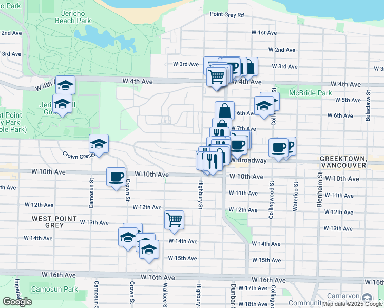 map of restaurants, bars, coffee shops, grocery stores, and more near 3821 West Broadway in Vancouver