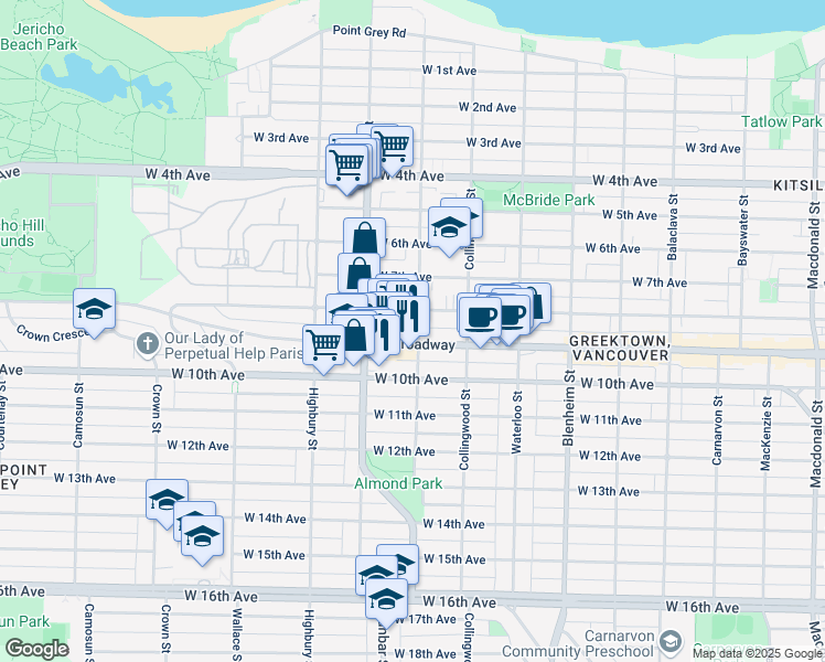map of restaurants, bars, coffee shops, grocery stores, and more near 3607 West Broadway in Vancouver