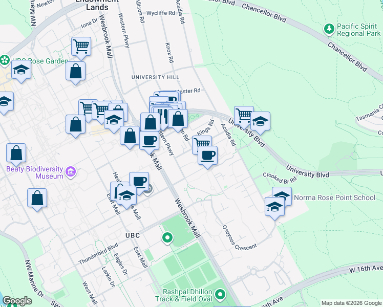 map of restaurants, bars, coffee shops, grocery stores, and more near in Vancouver
