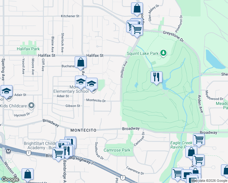 map of restaurants, bars, coffee shops, grocery stores, and more near 7369 Montecito Drive in Burnaby