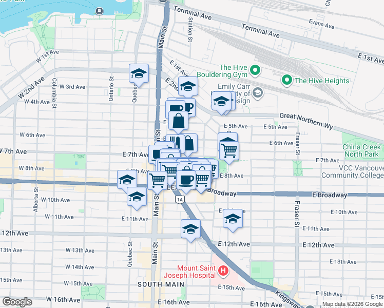 map of restaurants, bars, coffee shops, grocery stores, and more near 323 East 7th Avenue in Vancouver