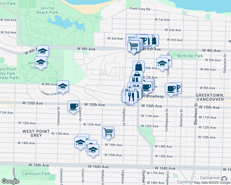 map of restaurants, bars, coffee shops, grocery stores, and more near 3841 West Broadway in Vancouver