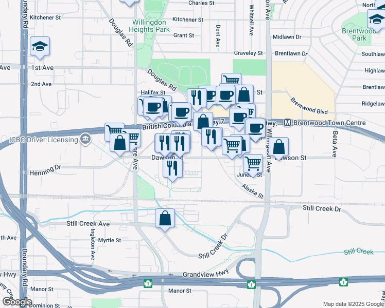 map of restaurants, bars, coffee shops, grocery stores, and more near in Burnaby