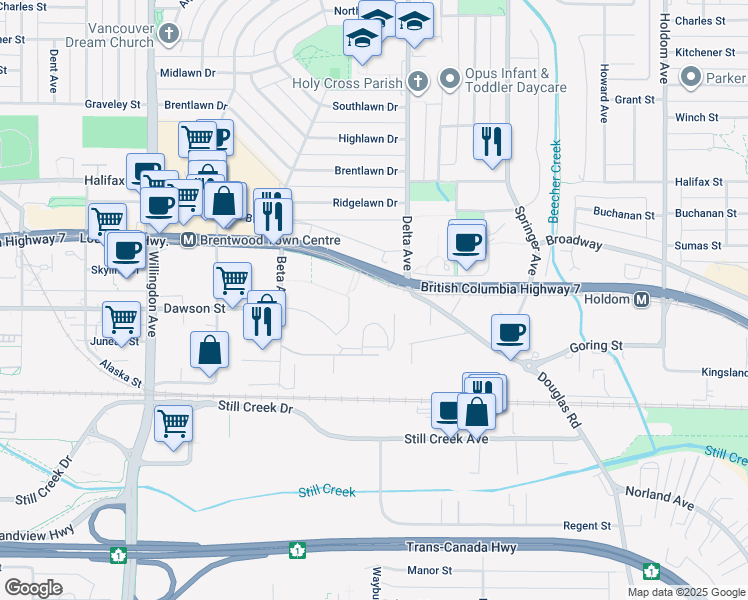 map of restaurants, bars, coffee shops, grocery stores, and more near 4880 Lougheed Highway in Burnaby