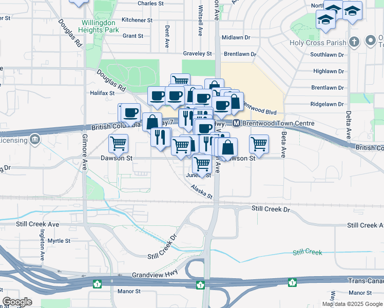 map of restaurants, bars, coffee shops, grocery stores, and more near 4394 Dawson Street in Burnaby