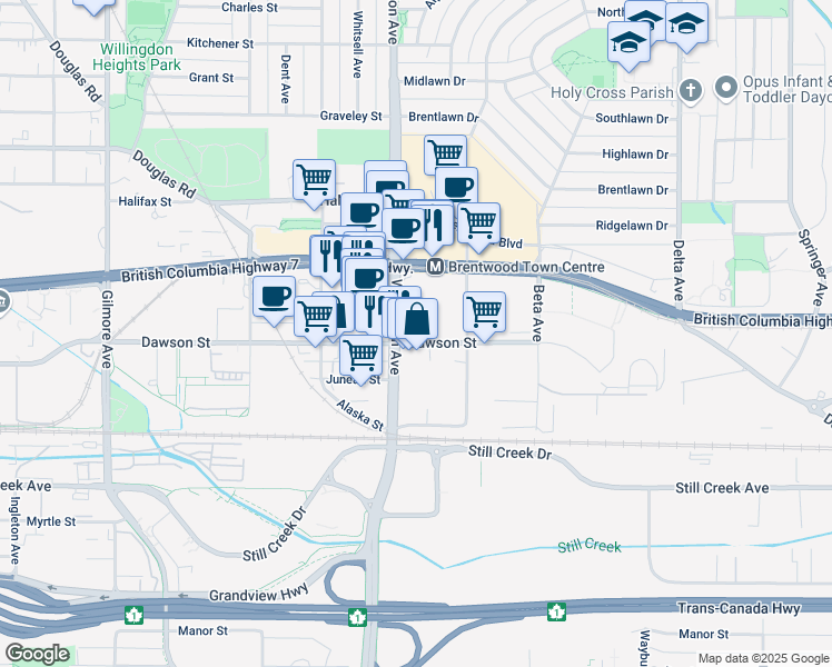 map of restaurants, bars, coffee shops, grocery stores, and more near 4533 Dawson Street in Burnaby