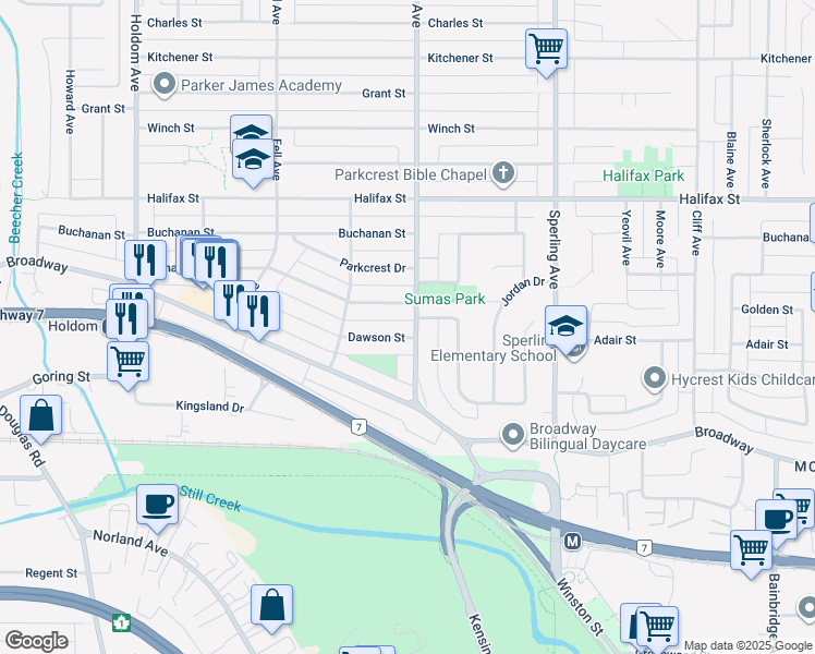 map of restaurants, bars, coffee shops, grocery stores, and more near 6465 Dawson Street in Burnaby