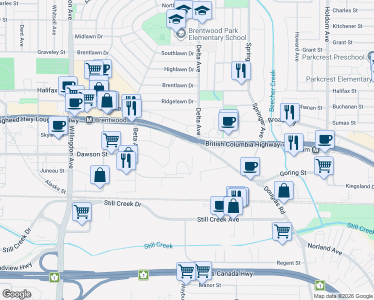 map of restaurants, bars, coffee shops, grocery stores, and more near 4890 Lougheed Highway in Burnaby