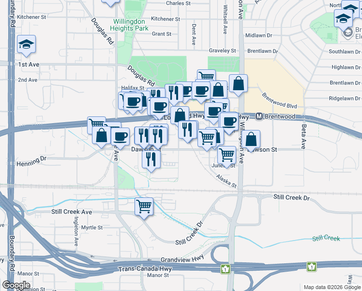 map of restaurants, bars, coffee shops, grocery stores, and more near 2188 Madison Avenue in Burnaby