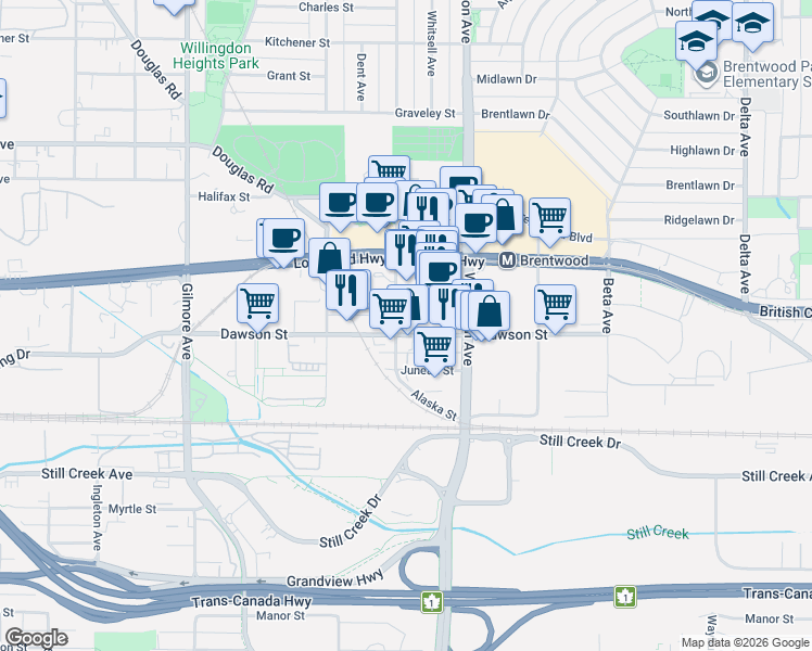 map of restaurants, bars, coffee shops, grocery stores, and more near 4403 Dawson Street in Burnaby