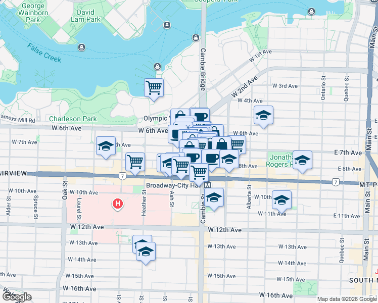 map of restaurants, bars, coffee shops, grocery stores, and more near 555 West 8th Avenue in Vancouver
