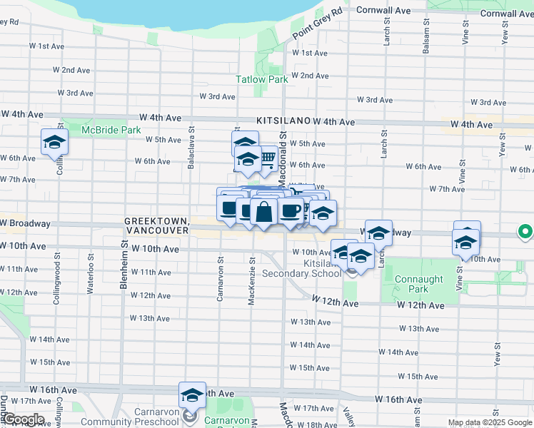 map of restaurants, bars, coffee shops, grocery stores, and more near 2893 West Broadway in Vancouver