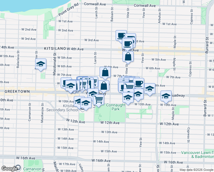 map of restaurants, bars, coffee shops, grocery stores, and more near 2418 West 8th Avenue in Vancouver