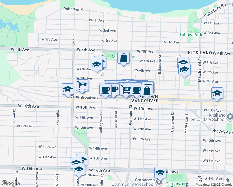 map of restaurants, bars, coffee shops, grocery stores, and more near Waterloo Street in Vancouver
