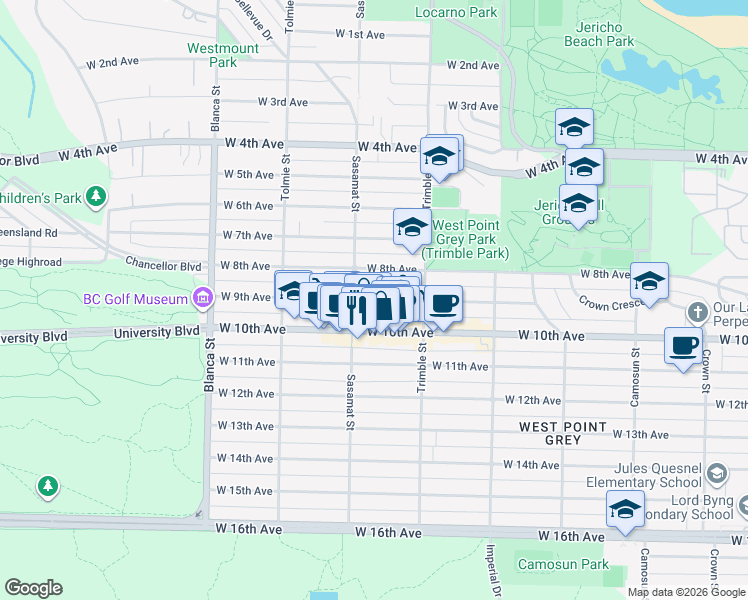 map of restaurants, bars, coffee shops, grocery stores, and more near West 9th Avenue in Vancouver