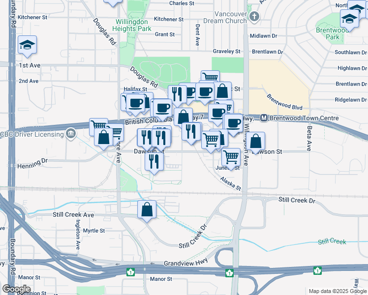 map of restaurants, bars, coffee shops, grocery stores, and more near 2188 Madison Avenue in Burnaby
