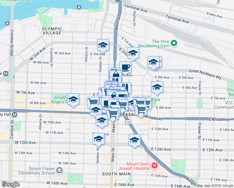 map of restaurants, bars, coffee shops, grocery stores, and more near 209 East 7th Avenue in Vancouver