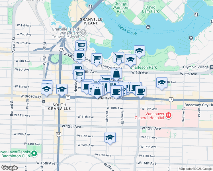 map of restaurants, bars, coffee shops, grocery stores, and more near 2353 Alder Street in Vancouver