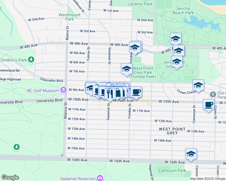 map of restaurants, bars, coffee shops, grocery stores, and more near West 9th Avenue in Vancouver