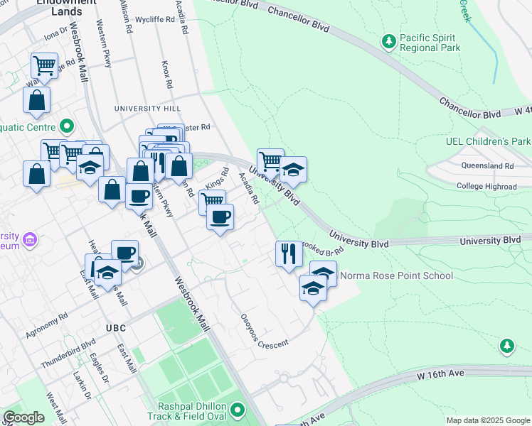 map of restaurants, bars, coffee shops, grocery stores, and more near 2500 Acadia Road in Vancouver