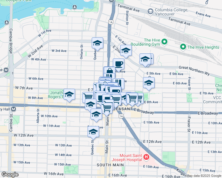 map of restaurants, bars, coffee shops, grocery stores, and more near 209 East 7th Avenue in Vancouver
