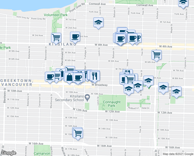 map of restaurants, bars, coffee shops, grocery stores, and more near 2506 West 8th Avenue in Vancouver