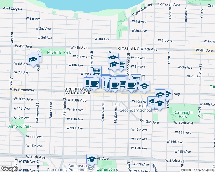 map of restaurants, bars, coffee shops, grocery stores, and more near 2425 Bayswater Street in Vancouver