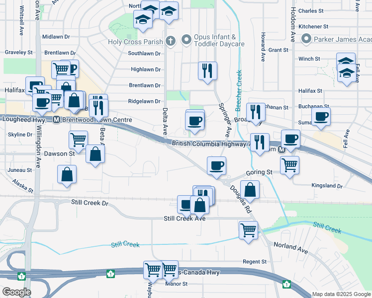 map of restaurants, bars, coffee shops, grocery stores, and more near in Burnaby
