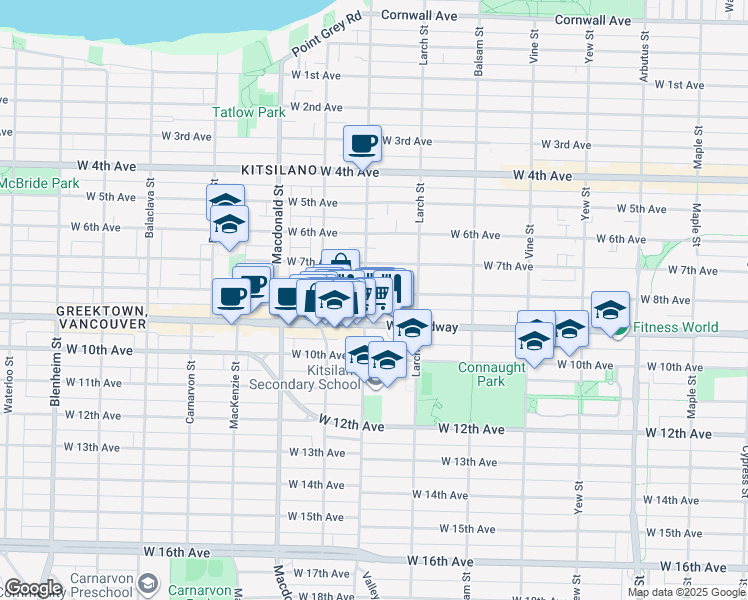 map of restaurants, bars, coffee shops, grocery stores, and more near 2586 West 8th Avenue in Vancouver