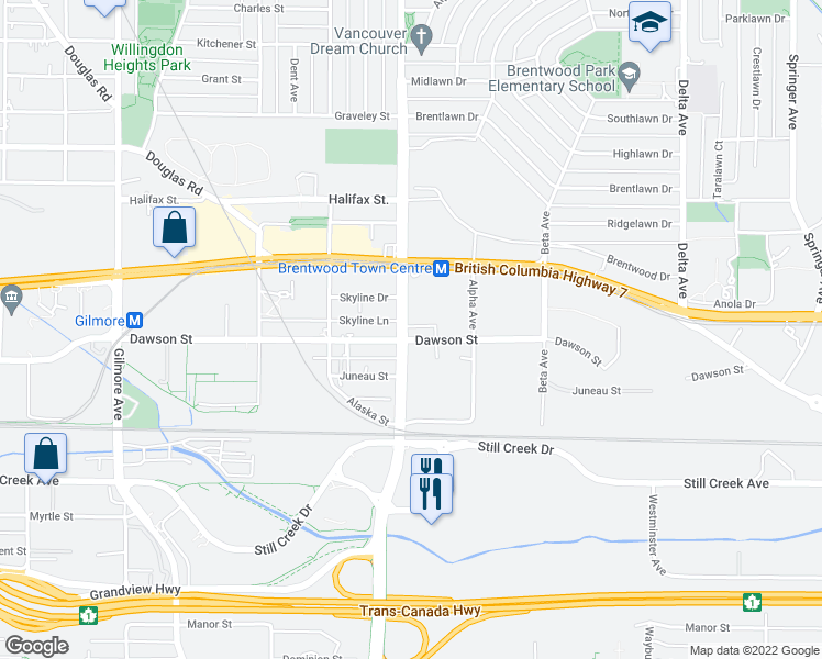 map of restaurants, bars, coffee shops, grocery stores, and more near 2162 Willingdon Avenue in Burnaby