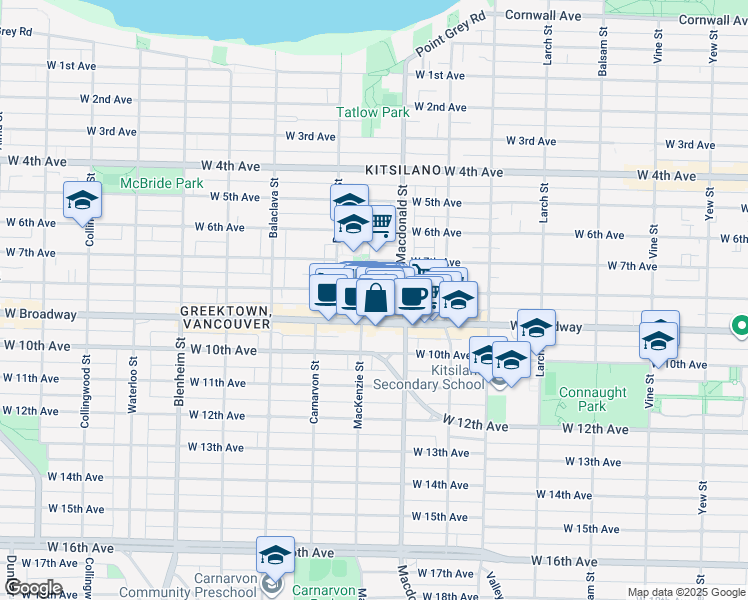 map of restaurants, bars, coffee shops, grocery stores, and more near 2846 West 8th Avenue in Vancouver